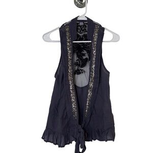 FREE PEOPLE Y2K Blue Gray Sequin Embroidered Lace Fairy Vest, Tie Closure, Sz 4